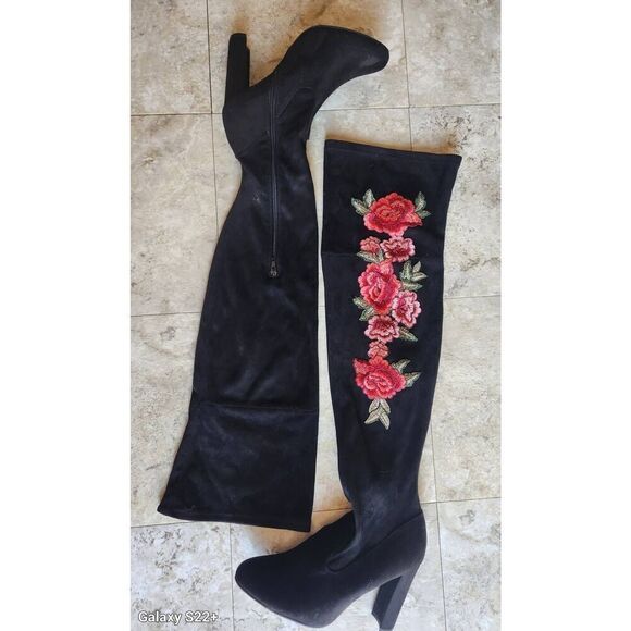 JustFab Tibbie floral embroidered over the knee boots - Picture 1 of 13
